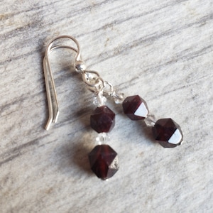 Alamandine Garnet Earrings, .925 Steling Silver, Faceted Crystal Drop Earrings, Wine Red Burgundy Gemstone, January Birthstone Jewelry