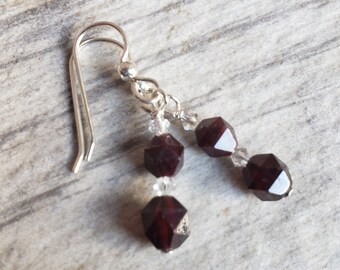 Alamandine Garnet Earrings, .925 Steling Silver, Faceted Crystal Drop Earrings, Wine Red Burgundy Gemstone, January Birthstone Jewelry