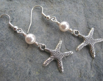 Starfish Pearl Earrings, Personalized Beach Earrings, Hypoallergenic Ear Hooks, Birthstone Pearl Earrings, Nautical Jewelry, Beach Wedding