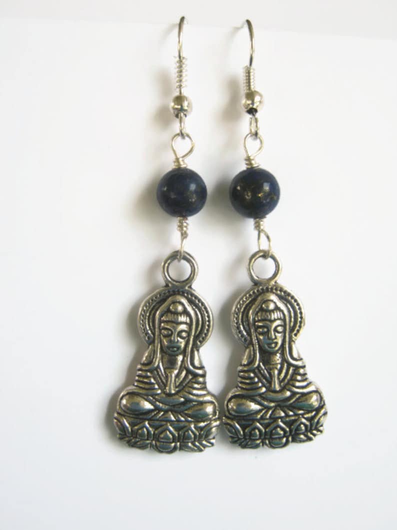 Lapis Lazuli Earrings Blue and Silver Boho Earrings DELAYED SHIP Sale Bodhisattva Earrings Dangle Ear Buddhist Jewelry Buddha Earrings