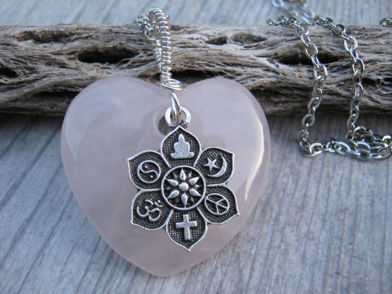 Buddhist Necklace Large Pink Gemstone Heart Pendant Minimalist Choos Lotus Flower Jewelry DELAYED SHIP Sale Rose Quartz Coexist Necklace