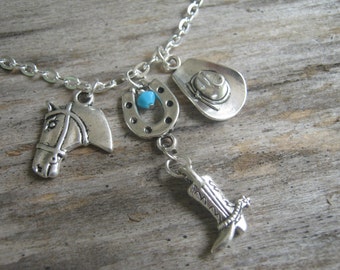 Country Western Necklace, Personalized Cowgirl Necklace, Good Luck Necklace, Cowboy Hat, Cowboy Boot, Horse Jewelry, Choose Your Length