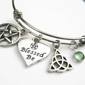 Personalized Blessed Be Heart Bracelet, Expandable Bangle Bracelet, Stainless Steel Bracelet, Pentacle Jewelry, Wiccan Gift, Triquetra Charm