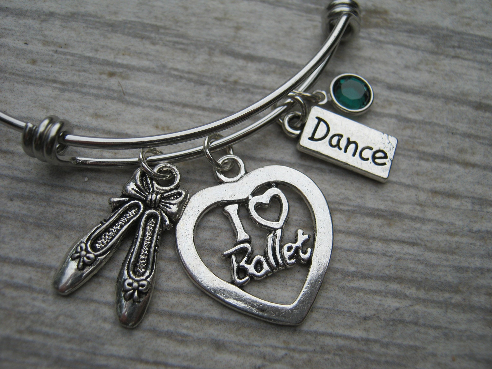personalized i love ballet bracelet, expandable bangle bracelet, stainless steel bracelet, dance jewelry, ballet shoes, athletic