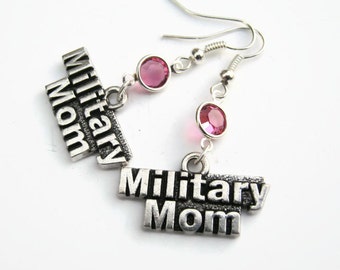 Military Mom Birthstone Earrings, Personalized  Birthstone Jewelry, US Military Earrings, Armed Forces Earrings, Dangle Earrings