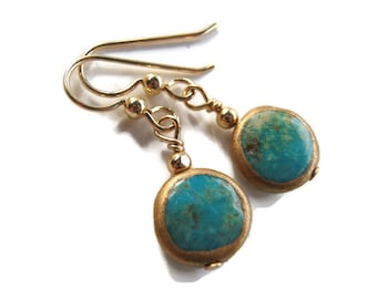 Gold Edged Turquoise Earrings, 14K Gold Filled Earrings, Vintage Genuine Gemstone Jewelry, Denim, Chakra Drop Dangle Earrings