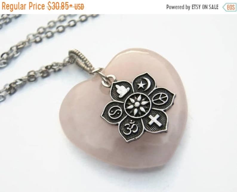 Buddhist Necklace Large Pink Gemstone Heart Pendant Minimalist Choos Lotus Flower Jewelry DELAYED SHIP Sale Rose Quartz Coexist Necklace