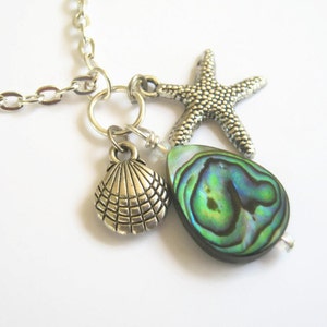 Abalone Beach Necklace, Ocean Starfish & Shell Charm, Beach Jewelry, Birthstone Necklace, Starfish Necklace, 24 inches, Choose Your Length