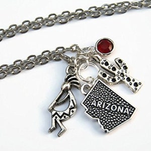 Collar personalizado de Arizona, Collar de mapa estatal de EE. UU., Joyería del suroeste, Collar de piedra de nacimiento, Collar de geografía, Elija su longitud