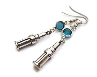 Telescope Birthstone Earrings, Personalized Astronomer Earrings on Hypoallergenic Ear Hooks, Stargazer Jewelry, Astronomy Gift