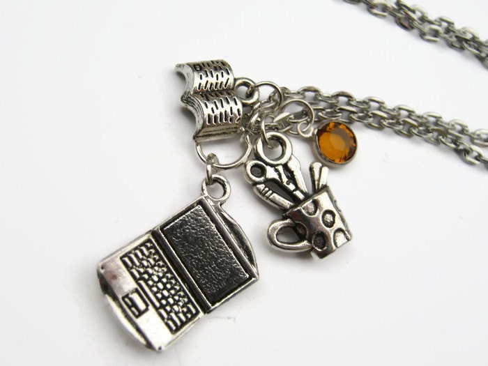 Author Necklace, Personalized Birthstone Necklace, Manuscript Writer Neckace, Laptop Necklace, Book Necklace, Choose Length, Charm Jewelry