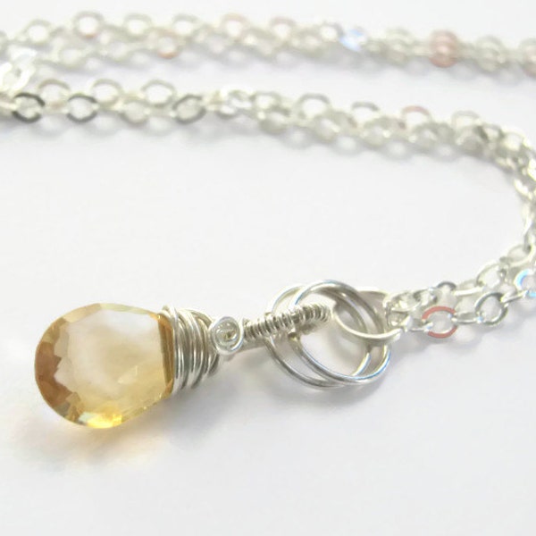 Honey Citrine Necklace, Faceted November Birthstone, Sterling Silver Wire Wrapped Jewelry, 18 inches, Choose Your Length