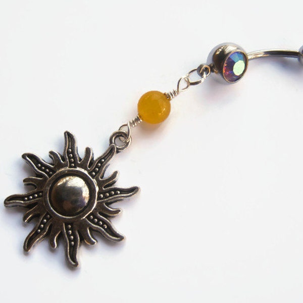 Sun Belly Ring, Yellow Jade Belly Button Ring, Antiqued SILVER, Sunshine Piercing, Gemstone Belly Piercing, Sunburst, Nature Body Jewelry