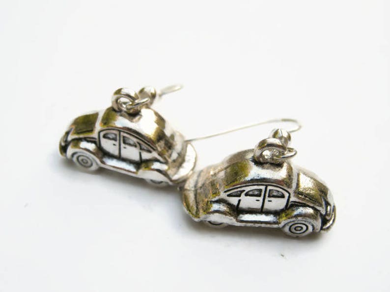 Hippie Car Earrings, Personalized Driving Earrings on Hypoallergenic Ear Hooks, Beetle Jewelry, Bug Transportation Charm, Antiqued Silver image 7