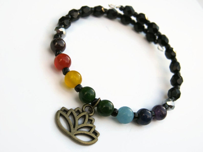 Rainbow Gemstone Stacking Bracelet Yoga Memory Bracelet Buddhist Hindu 7 Chakra Lotus Flower Bracelet READY To SHIP Boho Bracelet
