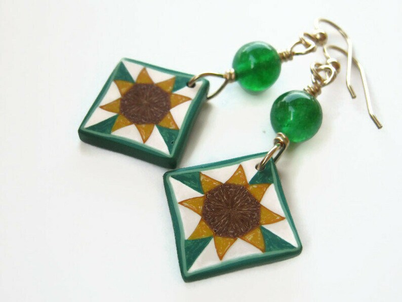 Sunflower Quilt Block Earrings 14K Gold Filled Green Quartz Etsy