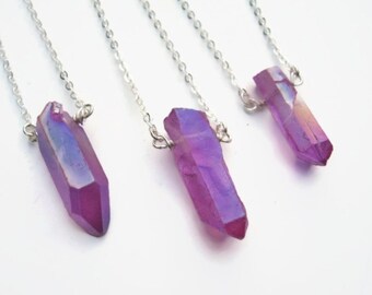 Purple Titanium Quartz Crystal Necklace, 20" 925 Sterling Silver, Choose your Quartz Necklace, Silver Bar Druzy, Magenta Necklace,  QSS11