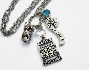 Quilters Necklace, I Love Quilting Jewelry, Personalized Birthstone Necklace, Sewing, Fabric Quilt, Quilter Neckace, Choose Your Length