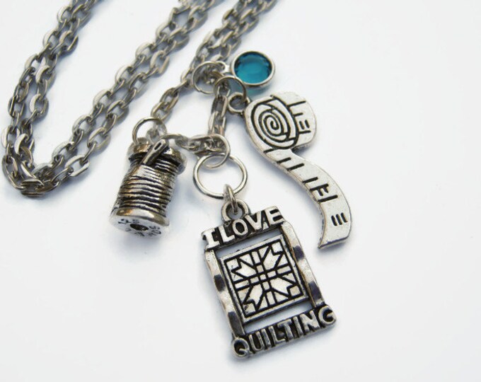 Quilters Necklace, I Love Quilting Jewelry, Personalized Birthstone Necklace, Sewing, Fabric Quilt, Quilter Neckace, Choose Your Length