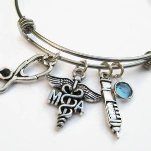 Personalized Medical Assistant Bracelet, Expandable Bangle Bracelet, Stainless Steel Bracelet, Caduceus Jewelry, MA Gift, Stethoscope Charm