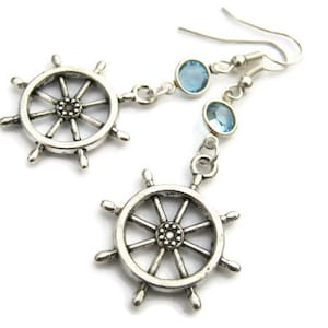 LARGE Ships Wheel Birthstone Earrings, Personalized Sailing Helm Charm Earrings on Hypoallergenic Ear Hooks, Boat Beach jewelry, Sailor Gift