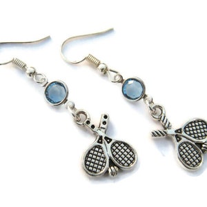 Tennis Birthstone Earrings, Personalized Tennis Racket Earrings on Hypoallergenic Ear hooks, Athletic Jewelry, Racquet, Tennis Coach Gift