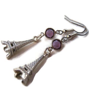 Eiffel Tower Birthstone Earrings, Personalized Paris Earrings on Hypoallergenic Ear Hooks, Landmark Jewelry, European Tourist Gift