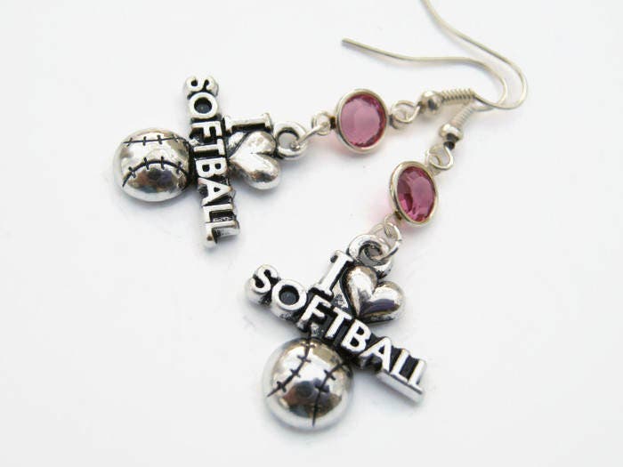 I Love Softball Birthstone Earrings Personalized Softball Etsy