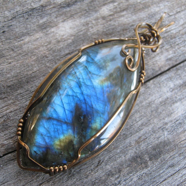 Labradorite Heart Pendant,  Blue Labradorite, Large Gemstone Pendant, Antique Brass Wire Wrapped, READY To SHIP