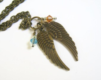 Double Angel Wing Necklace, BRONZE, Memory Loss Necklace, Birthstone Jewelry, Twins Miscarriage, 24 inches, Choose Your Length