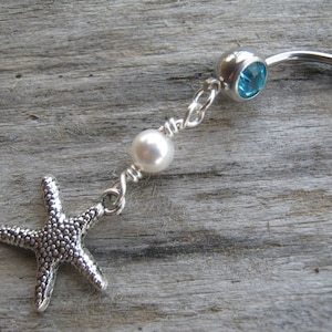 Starfish Belly Ring, Designer Faux Pearl Belly Button Ring, Nautical Piercing, Beach Body Jewelry, Choose Your Pearl & Barbell Color, SILVER