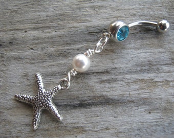 Starfish Belly Ring, Designer Faux Pearl Belly Button Ring, Nautical Piercing, Beach Body Jewelry, Choose Your Pearl & Barbell Color, SILVER