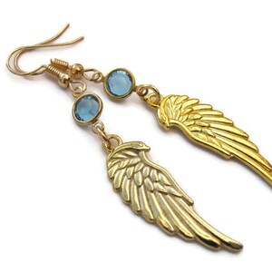 Gold Angel Wing Birthstone Earrings, Gold Tone Plated Earrings, Personalized Memorial Earrings, Religious Gift, Golden Feather Charm