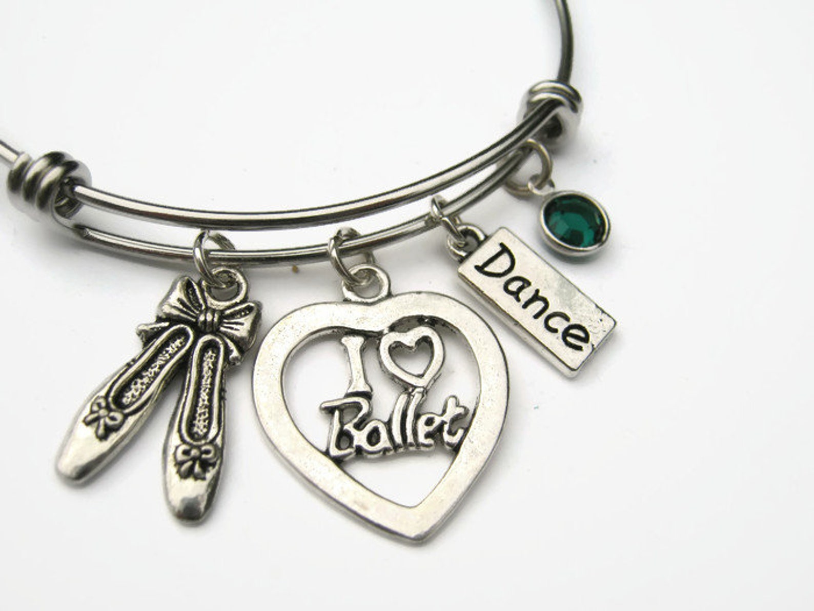 personalized i love ballet bracelet, expandable bangle bracelet, stainless steel bracelet, dance jewelry, ballet shoes, athletic
