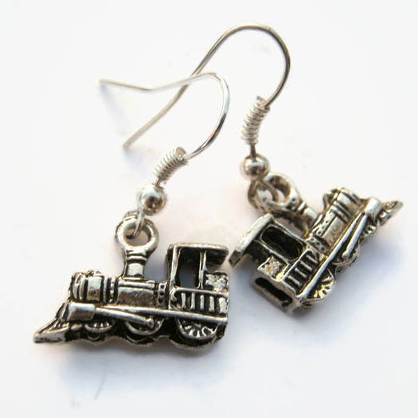 Train Earrings, Antiqued Silver Locomotive Earrings, Hypoallergenic Ear Hooks, Personalized Engine Jewelry, Railfan Gift, Conductor Charm