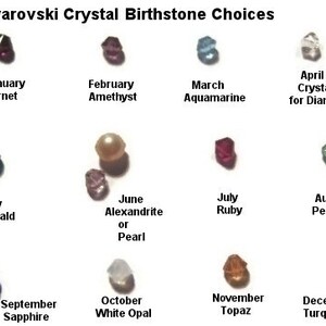 May include: A chart showing Swarovski crystal birthstones for each month of the year. The crystals are arranged in a circle, with the month and birthstone name listed below each crystal. The crystals are small and colorful, and they are arranged in a visually appealing way.