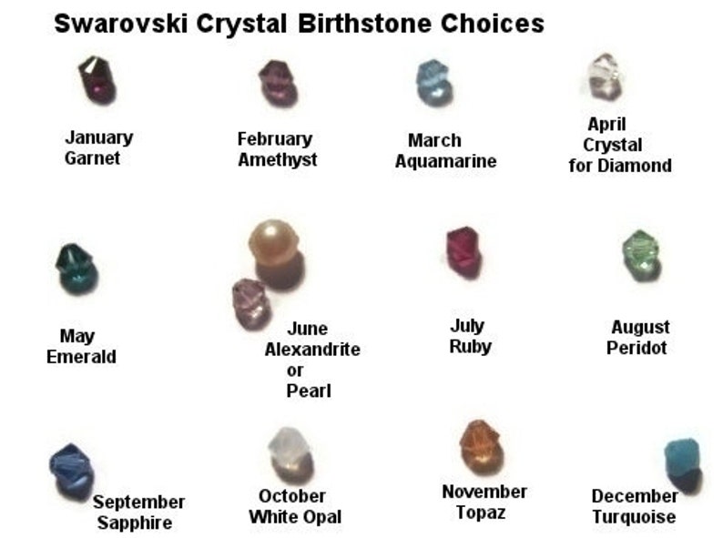 May include: A chart showing Swarovski crystal birthstones for each month of the year. The crystals are arranged in a circle, with the month and birthstone name listed below each crystal. The crystals are small and colorful, and they are arranged in a visually appealing way.