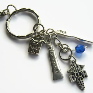 Llavero higienista dental, tirón de cremallera DH, accesorio personalizado Caduceus, cordón de llavero médico, cepillo de dientes, pasta de dientes, hilo dental