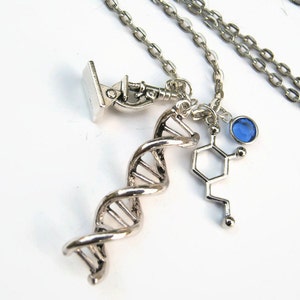 Scientist Charm Necklace, DNA Double Helix Jewelry, Personalized Birthstone Necklace, Geek Techie Science Neckace, Choose Your Length