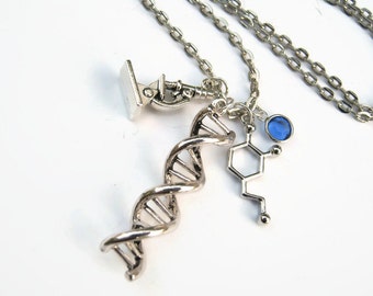 Scientist Charm Necklace, DNA Double Helix Jewelry, Personalized Birthstone Necklace, Geek Techie Science Neckace, Choose Your Length