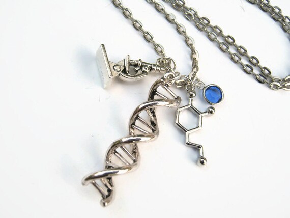 Scientist Charm Necklace, DNA Double Helix Jewelry, Personalized Birthstone Necklace, Geek Techie Science Neckace, Choose Your Length