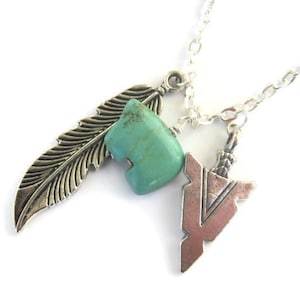 Puede incluir: Un collar de plata con tres colgantes: una piedra turquesa, una pluma y una punta de flecha.