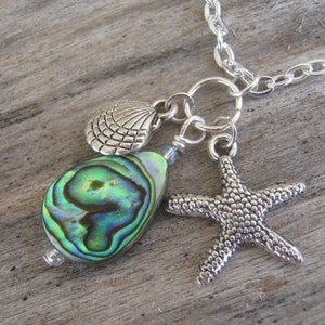 Abalone Beach Necklace, Ocean Starfish & Shell Charm, Beach Jewelry, Birthstone Necklace, Starfish Necklace, 24 inches, Choose Your Length