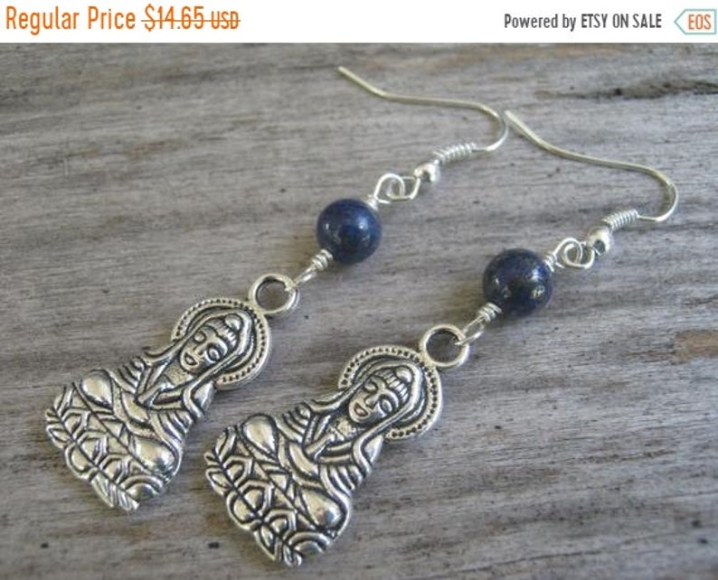 Lapis Lazuli Earrings Blue and Silver Boho Earrings DELAYED SHIP Sale Bodhisattva Earrings Dangle Ear Buddhist Jewelry Buddha Earrings