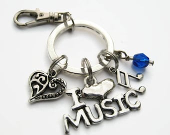 I Love Music Keychain, Musical Zipper Pull, Antiqued SILVER, Music Keychain, CHOOSE Your Instrument, Personalized Accessory, Musical Gift