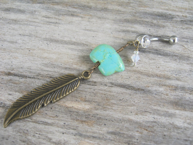 Zuni Bear Belly Button Ring Feather Belly Ring BRONZE Birthstone Navel Ring Native American Jewelry Turquoise Magnesite Belly Piercing