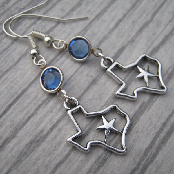 Texas Birthstone Earrings, Personalized Geography Earrings on Hypoallergenic Ear Hooks, US State Map Charms, Texas Gift, Texan Jewelry