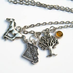 May include: Silver necklace with multiple charms, including a horse, a tree, a state of Missouri charm, and a small amber-colored stone.
