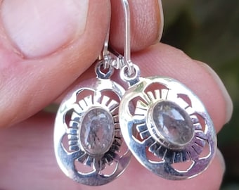 Tourmalated Quartz Earrings, .925 Sterling Silver Floral Oval Earrings, Gemstone Jewelry,  Drop Dangle Earrings  ESG-77