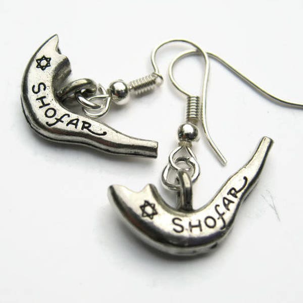 Shofar Horn Earrings, Sterling Silver Plated Earrings, Personalized Dangle, Rosh Hashanah Earrings, Yom Kippur Jewelry, Jewish Instrument